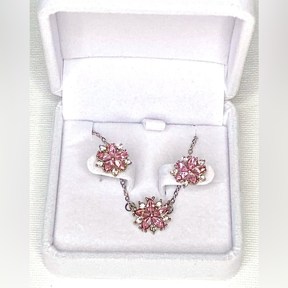 Pink Crystal Flower Pendant Necklace and Earring Set - Picture 2 of 2